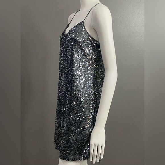 Express Silver Sequin Spaghetti Strap Razor Back Flowy dress. Size S/P - Picture 4 of 9